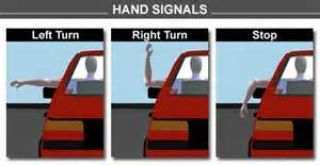 A driver in front of you is signalling with hand and arm pointing ...